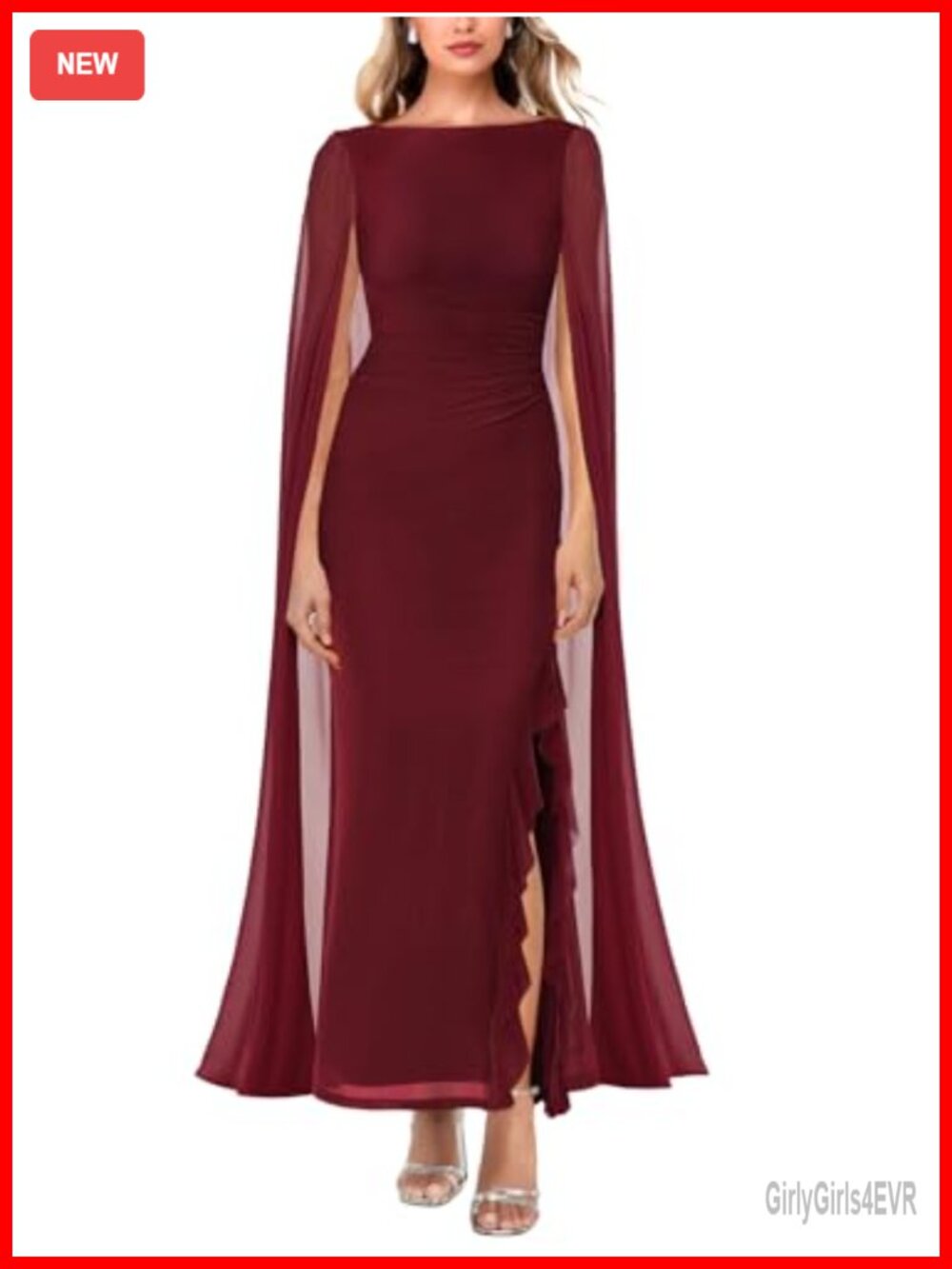 Women's Long Sleeve High Split Mesh Ruched Maxi Dress with Cape